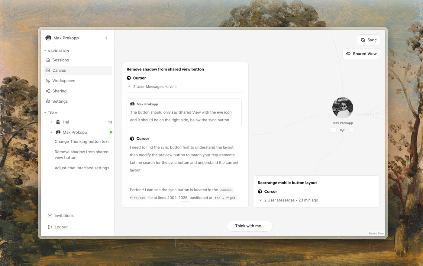 Agent Base: a canvas showing live AI coding agent sessions of two teammates
