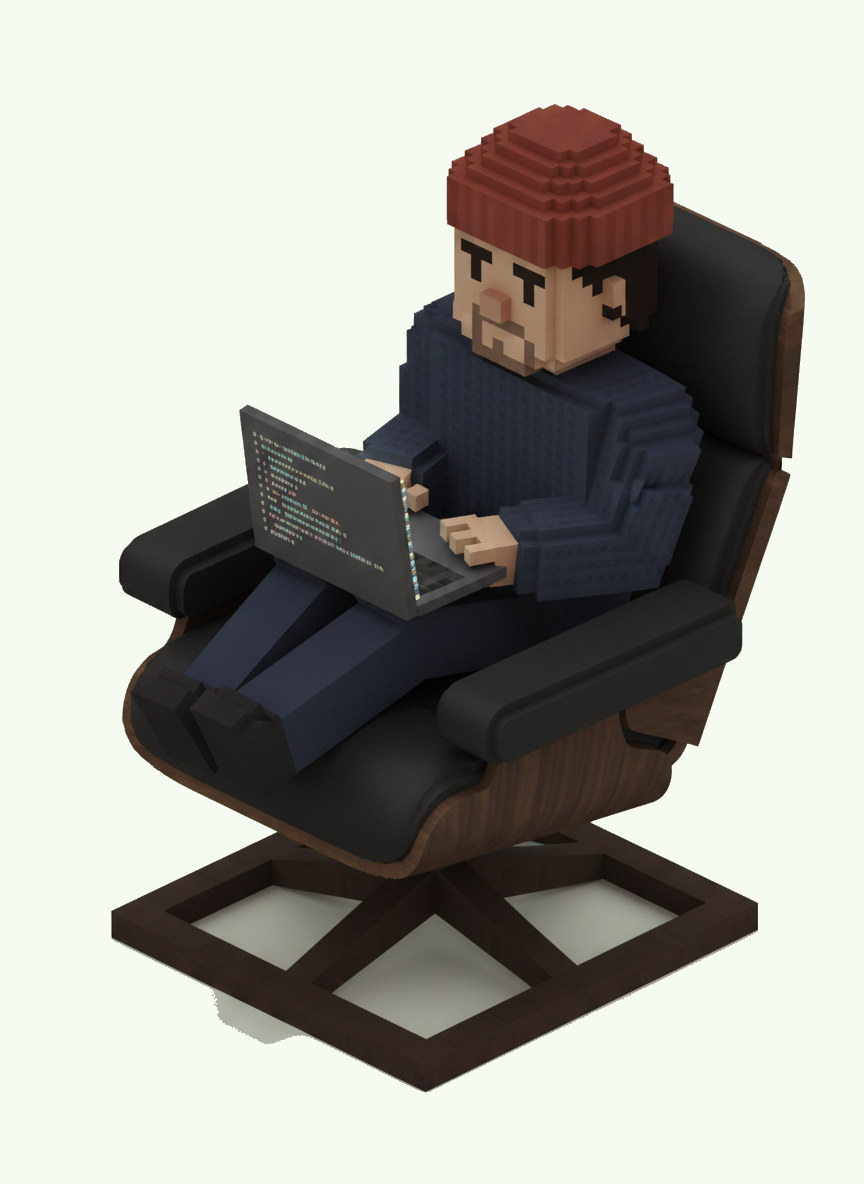 A voxel figure of Hai sitting cross-legged on a chair, typing on a laptop