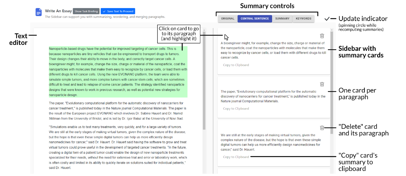 Text editor with continuously updated margin summaries next to each paragraph