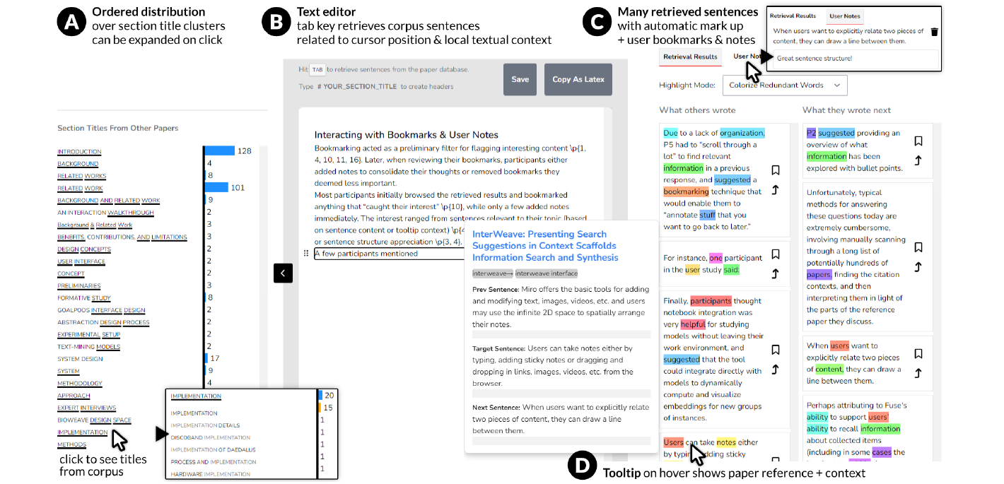CorpusStudio interface: text editor with section clusters and a retrieval panel of prior work examples