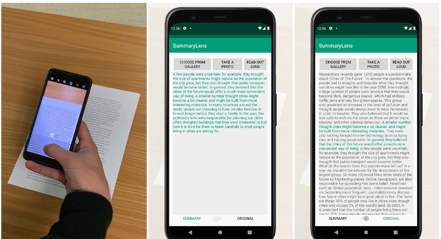 Three smartphone screens of an app that summarizes photographed text